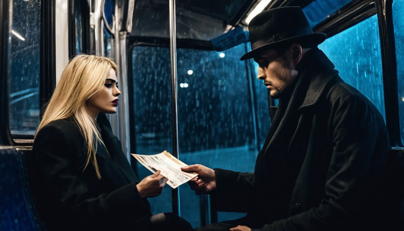 Man with scary look, black hat, black overcoat, giving a ticket to the unemployed tired blonde woman sitting inside the bus. Dark and scary weather at night