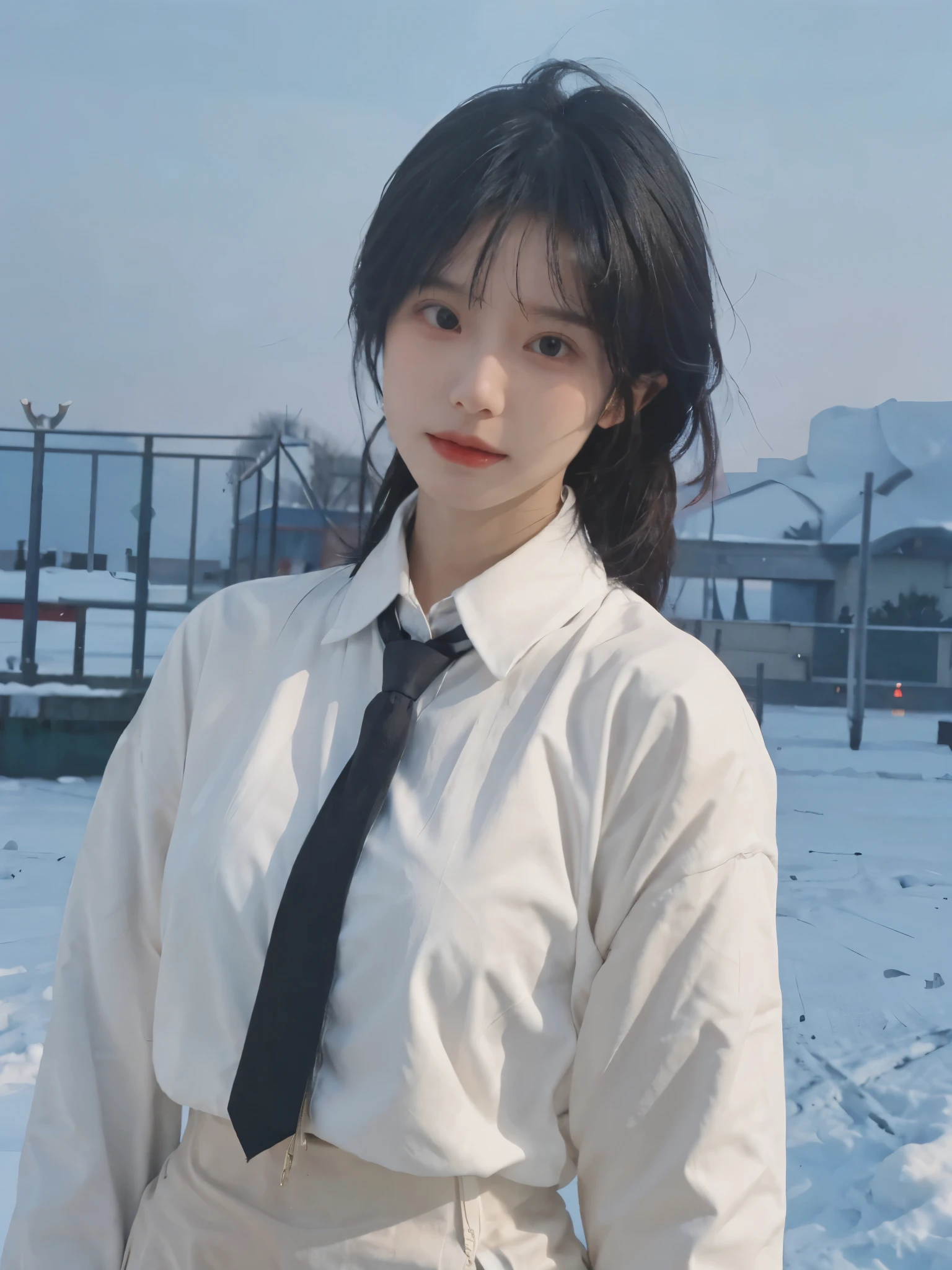 Best quality,masterpiece,Ultra-high resolution,snow,16K,Snow background,(Photo Realism:1.4),1 Girl,JK,Sexy,(Shirt and Tie:1.2),(Big breasts:2.3),(Upper body:1.4)