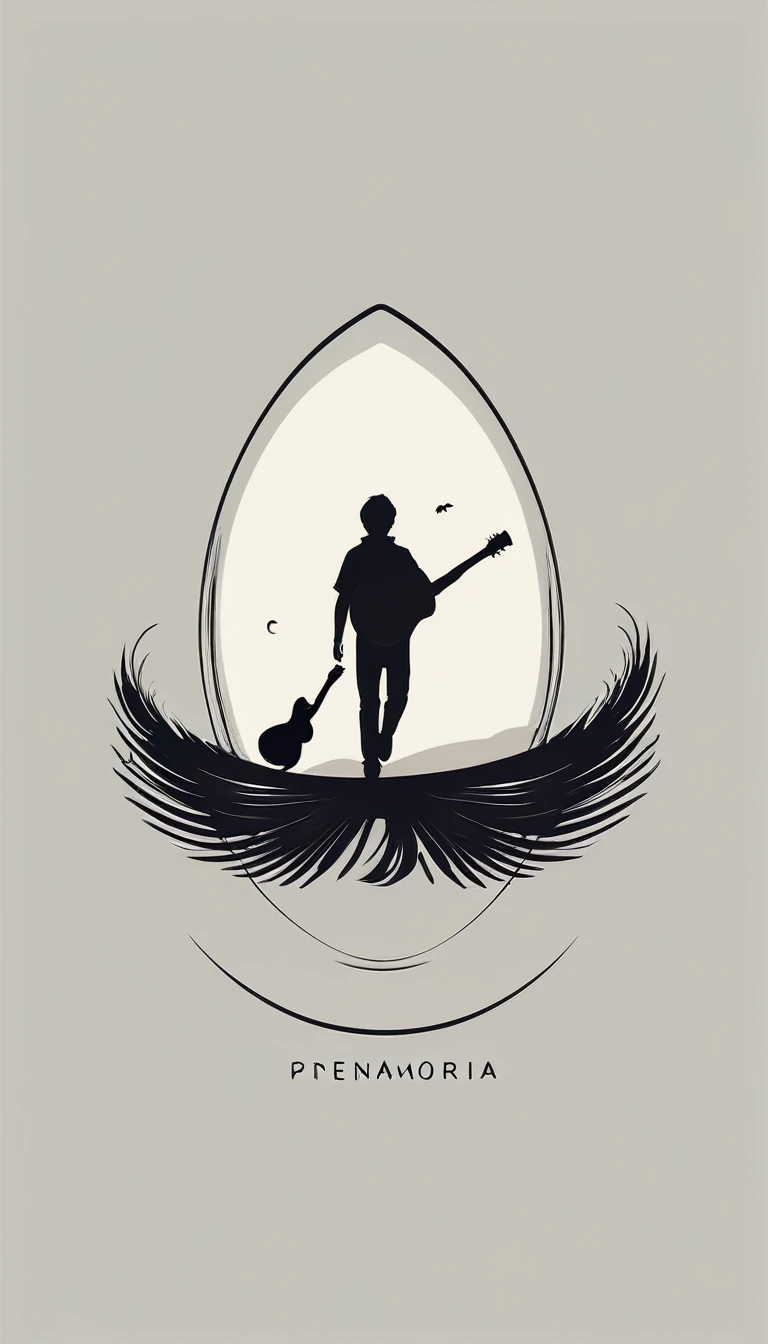 A minimal, modern, simple, cinematic, minimalistic logo design for the brand “Penamemoria". The logo design must be a simple, magical feather and a boy running and holding an acoustic guitar. The logo must convey a sense of music, stories and dreams. Logo design impressed on a book cover. Minimalistic logo
