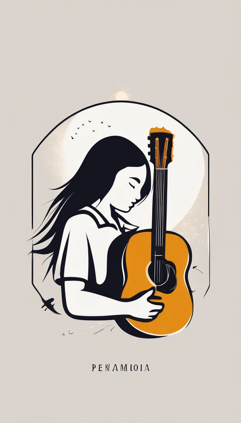A minimal, modern, simple, cinematic, minimalistic logo design for the brand “Penamemoria". The logo design must be a simple, magical feather and a boy running and holding an acoustic guitar. The logo must convey a sense of music, stories and dreams. Logo design impressed on a book cover. Minimalistic logo