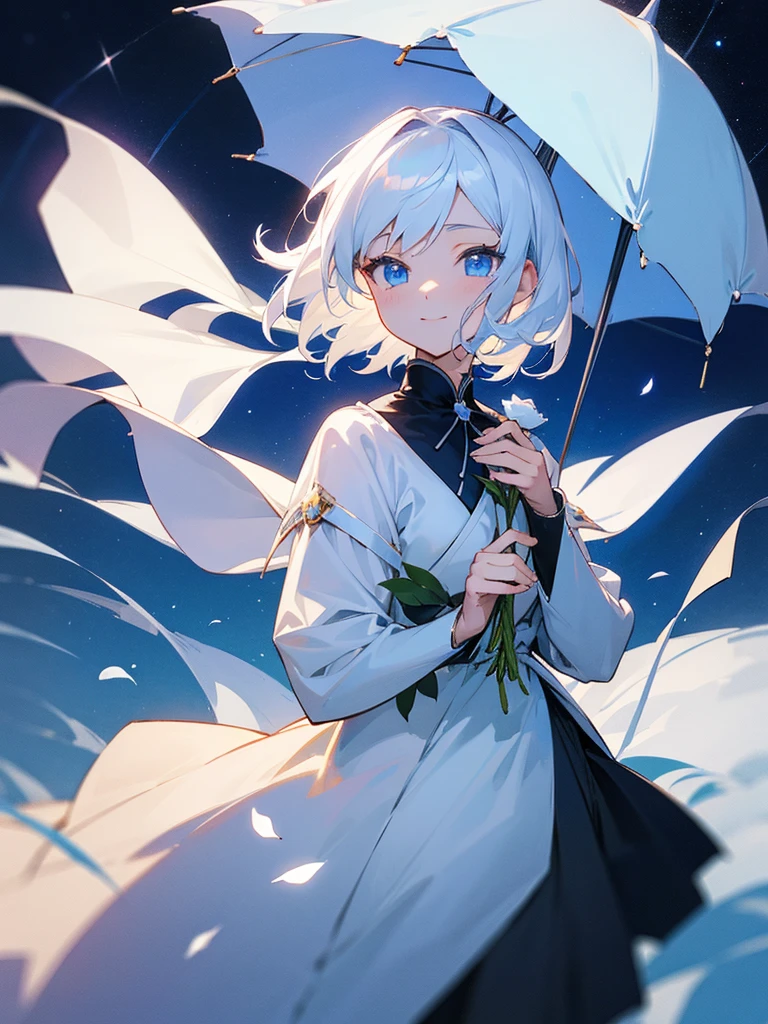 A great detective anime girl short white hair beautiful blue eyes under the moonlight with a wide stunning starry sky, carrying a white rose with a smile on her face, kawai art