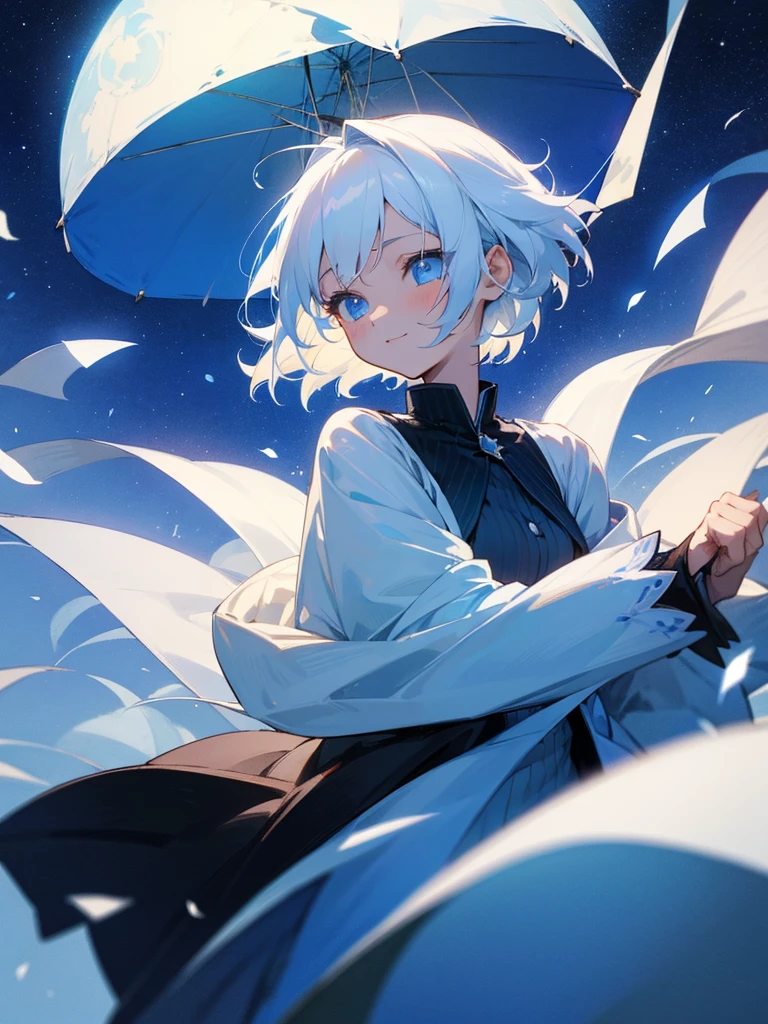 A great detective anime girl short white hair  beautiful blue eyes under the moonlight with a wide stunning starry sky, carrying a white rose with a smile on her face, kawai art