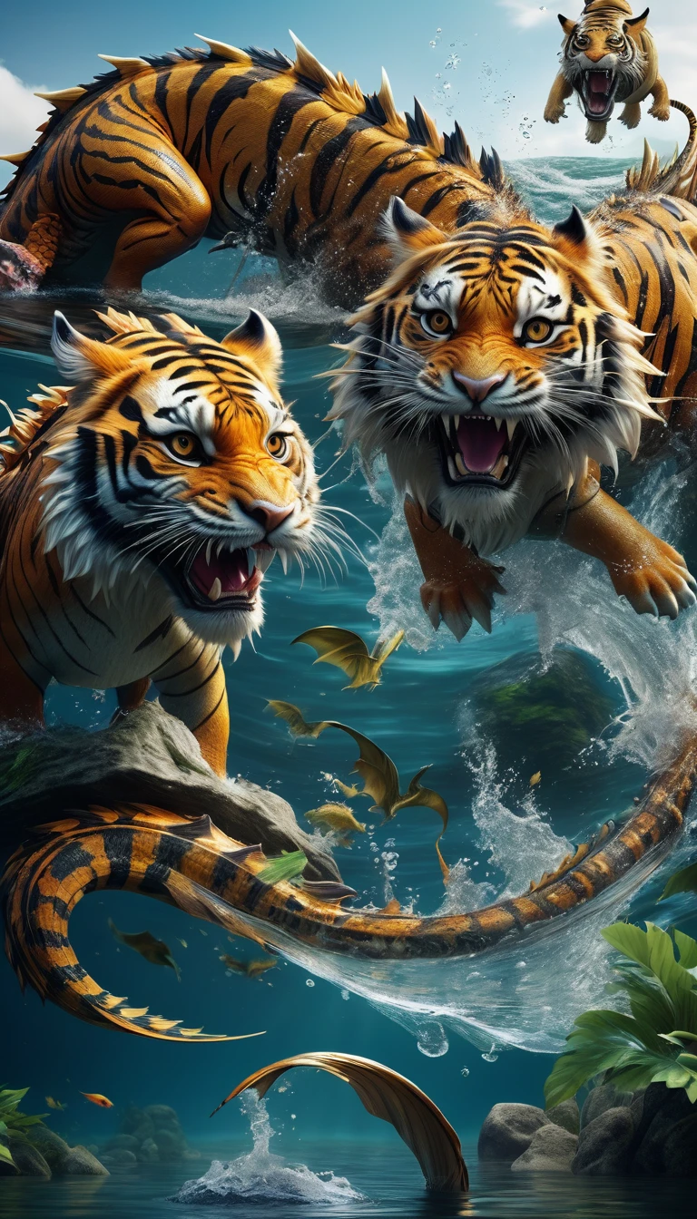 Panorama，There is a creature in the water，Dragon and tiger combination(best quality，4K，8k，High level，masterpiece：1.2），Ultra Detailed，（lifelike，Photo real，Photo real：1.37），Highly detailed animals，Complex patterns，Realistic lighting，Fantasy Creatures