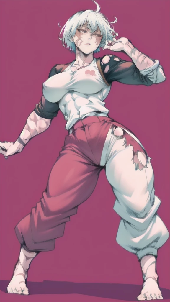 Full body image of Maki Zenin from Jujutsu Kaisen, full body in image, wearing her post-clan outfit (sleeves torn, harem pants), visible scars, short dark hair, female body, athletic and muscular body, dynamic pose, detailed pose, simple background, expressive face showing determination, focus on face, line art, sketch