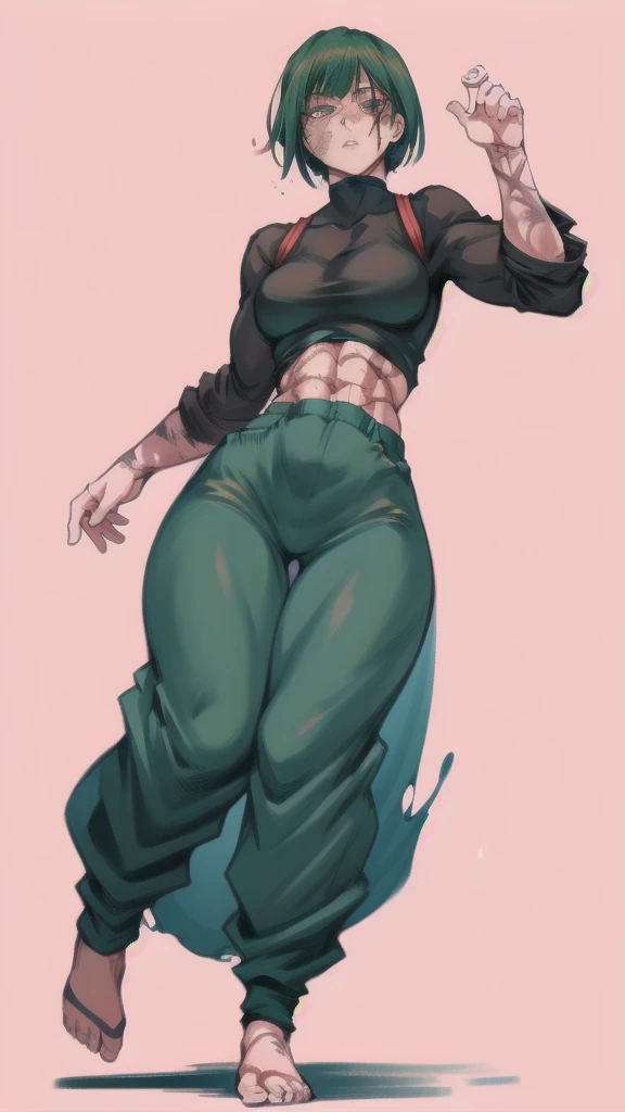 Full body image of Maki Zenin from Jujutsu Kaisen, full body in image, wearing her post-clan outfit (sleeves torn, harem pants), visible scars, short dark hair, female body, athletic and muscular body, dynamic pose, detailed pose, simple background, expressive face showing determination, focus on face, line art, sketch