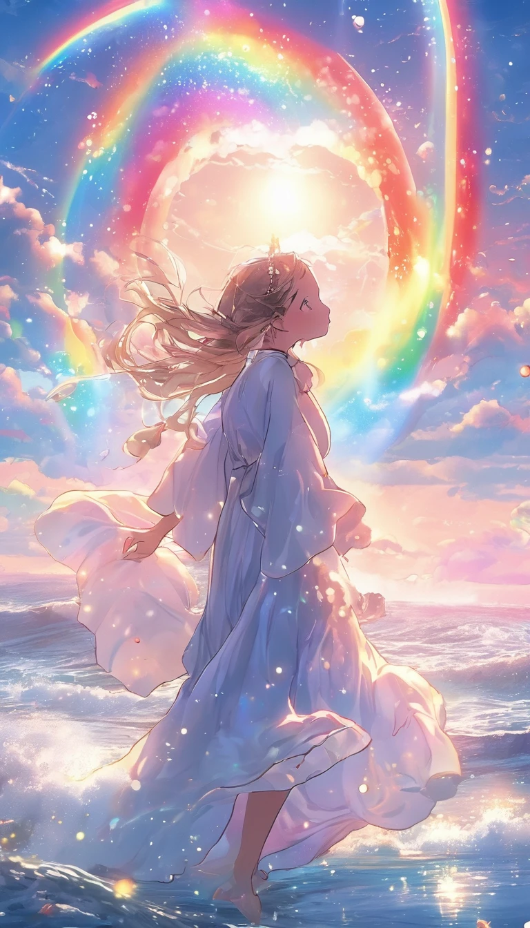 high resolution Mysterious glowing spell casting girl, ((Fantasy Rainbow Ocean)), Vibrant colors, Great light, Detailed speech bubbles, Magical atmosphere, Nice views, Dreamy atmosphere, Sparkling, Roomy robes, The magic touch, Mysterious Creatures, ((Sparkling waves)), Mystical symbols, Surreal beauty, mist, There'Magic in the air, Magical moments,Mysterious atmosphere, Whimsical Creatures, Full of charm, Fairy, Superpower, Fantasy World