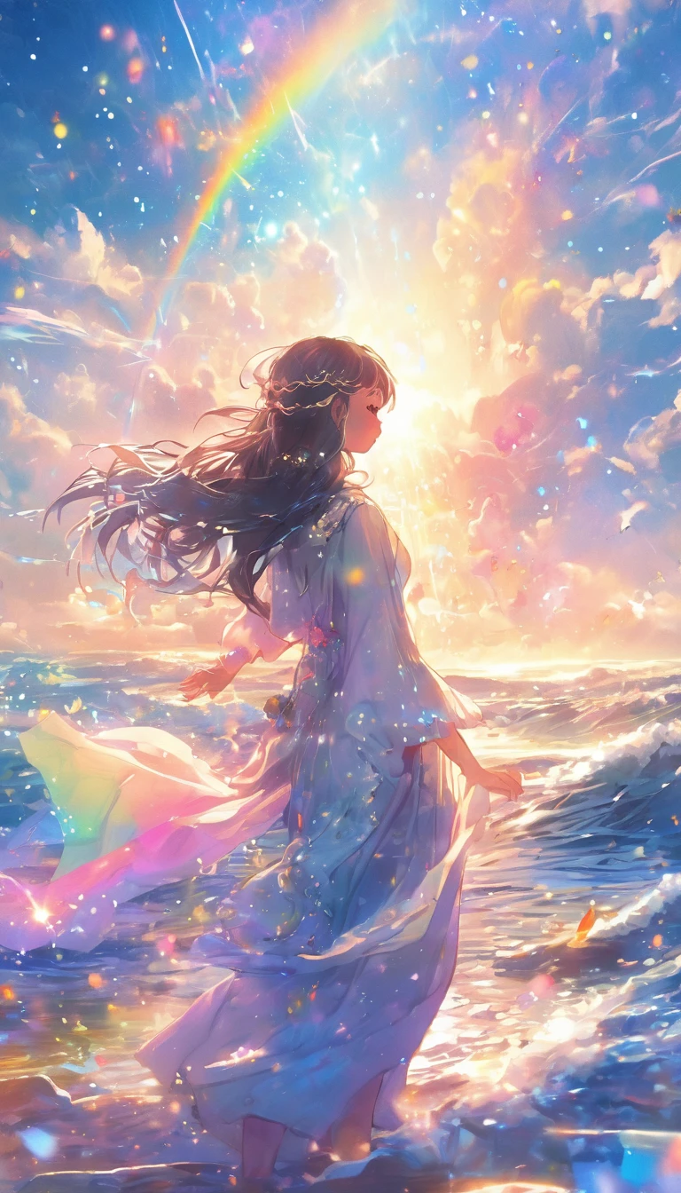 high resolution Mysterious glowing spell casting girl, ((Fantasy Rainbow Ocean)), Vibrant colors, Great light, Detailed speech bubbles, Magical atmosphere, Nice views, Dreamy atmosphere, Sparkling, Roomy robes, The magic touch, Mysterious Creatures, ((Sparkling waves)), Mystical symbols, Surreal beauty, mist, There'Magic in the air, Magical moments,Mysterious atmosphere, Whimsical Creatures, Full of charm, Fairy, Superpower, Fantasy World