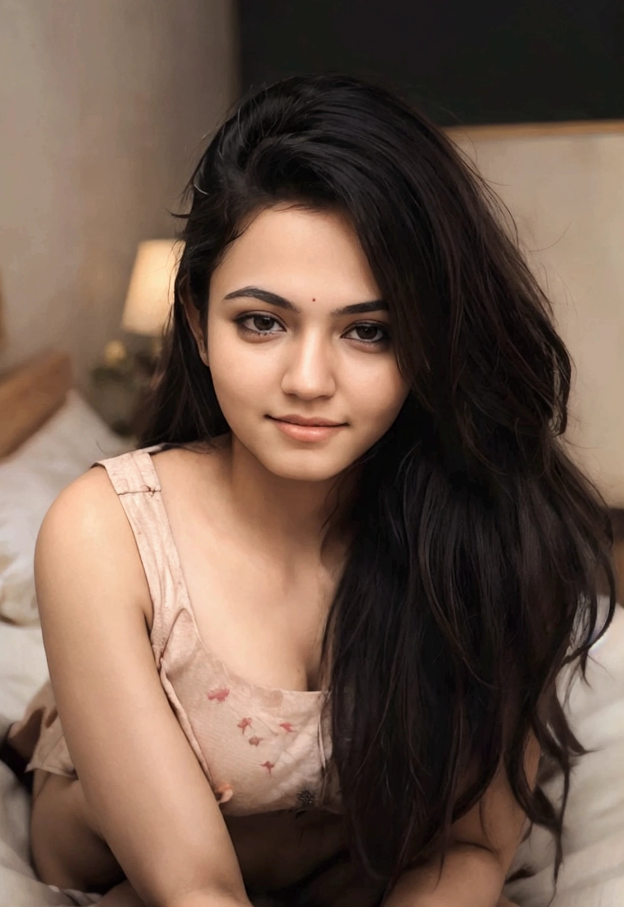 beautiful Indian, very young teenage girl, ************, fully nude, showing her beautiful naked body,lean facecut, black extra long hair, sexy gaze,light bronze skin dark strokes, exact looks like , light bronze skin, smirking deviously, long eyelashes, deep dimples on cheeks, cute smile, innocent face, blushing , atmospheric perspective, Renaissance, 8k, super detail, accurate, best quality, high details, high quality, best quality, blushing expression, biting lips, wearing nothing, undressed, fully naked, puffy round nipples, shaved vagins, medium , ultra-wide shot, lying down straight, legs spread, intimately on her royal bed touching herself, in Royal looking bedroom, beautifully styled hair, spreading her legs