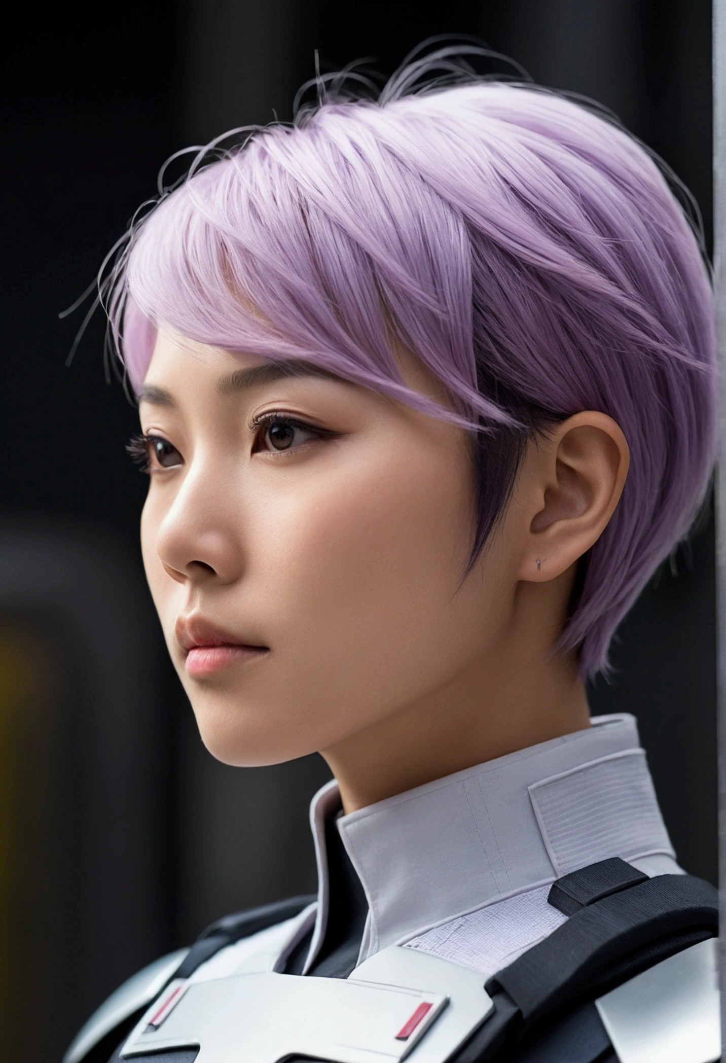 japanese woman, with accurate features, strong jawline, slightly pointed ears, short hair, lavender hair, dynamic angle shot, No extra ears, neck zoomed in, side view profile centered, wide high angle view, Two pointed ears,Side photo, wearing futuristic military uniform, science fiction