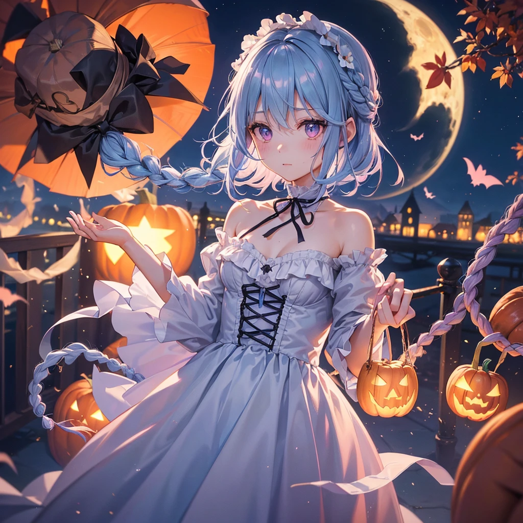 (Light blue medium hair),(Braided hair:1.2)、Pink eyes、Fair skin、cowboy shot、Halloween、The background is a pumpkin ghost、Crescent Moon、Trick or Treat、A lot of sweets、witch、Halloween night、Candy、many bat、Condescending expression、solo、(masterpiece、Highest quality、Very detailed、Best Shadow)、(Detailed Background)、(Beautifully detailed face)、High contrast、(Best lighting、Very delicate and beautiful)、(Cinematic Light)、colorful、Hyper Detail、Dramatic Light、Exquisite detail、