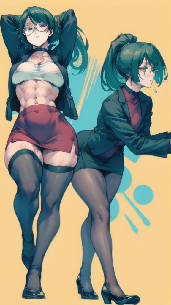 Full body image of Maki Zenin from Jujutsu Kaisen, full body in image, wearing her outfit post-Zenin clan (dark green jacket, matching skirt, black tights, and black shoes, with glasses), long hair tied in a ponytail, female body, athletic and muscular body, visible scars on her face and arms, dynamic pose, detailed pose, simple background, expressive face showing determination, focus on face, line art, sketch