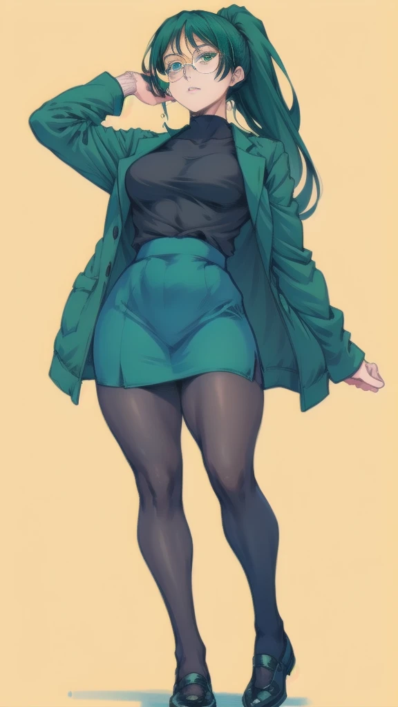 Full body image of Maki Zenin from Jujutsu Kaisen, full body in image, wearing her outfit post-Zenin clan (dark green jacket, matching skirt, black tights, and black shoes, with glasses), long hair tied in a ponytail, female body, athletic and muscular body, visible scars on her face and arms, dynamic pose, detailed pose, simple background, expressive face showing determination, focus on face, line art, sketch