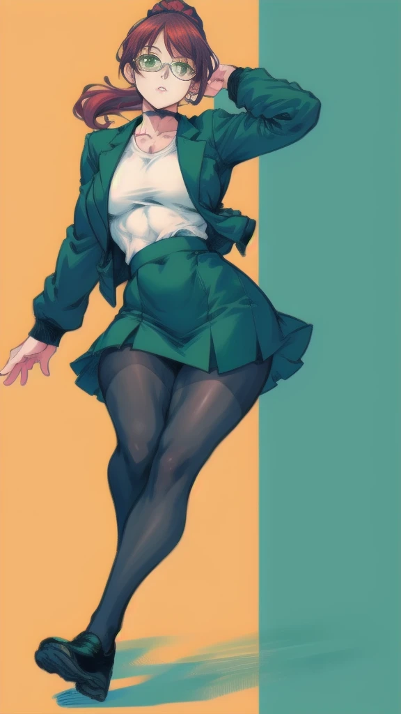 Full body image of Maki Zenin from Jujutsu Kaisen, full body in image, wearing her outfit post-Zenin clan (dark green jacket, matching skirt, black tights, and black shoes, with glasses), long hair tied in a ponytail, female body, athletic and muscular body, visible scars on her face and arms, dynamic pose, detailed pose, simple background, expressive face showing determination, focus on face, line art, sketch