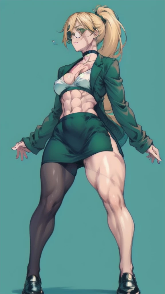 Full body image of Maki Zenin from Jujutsu Kaisen, full body in image, wearing her outfit post-Zenin clan (dark green jacket, matching skirt, black tights, and black shoes, with glasses), long hair tied in a ponytail, female body, athletic and muscular body, visible scars on her face and arms, dynamic pose, detailed pose, simple background, expressive face showing determination, focus on face, line art, sketch