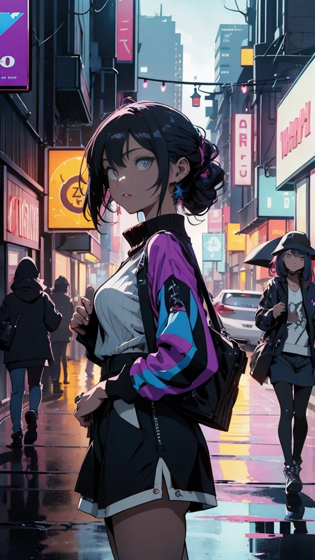 (Fashion magazine cover: 1.4)

Masterpiece, Top quality, Ultra detailed, Extremely detailed, 4K, 8K, Best quality, Perfect anatomy, Artistic anime illustration depicting three girls walking through a complex multi-layered urban environment at night. The cityscape is highlighted with vibrant neon rainbow outlines, giving the scene a surreal, cyberpunk aesthetic. Sharp focus, Highly detailed illustration, Masterpiece, High resolution,