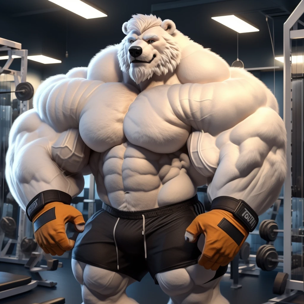 solo, 1boy, Huge Muscular White Polar Bear, huge white fur, pectoral, huge pectoral, wide pectoral, short white hair, ((really big muscle, massive muscular, sixpack, huge fluffy white fur, thick arms, wide pectoral, super huge muscle, hyper muscular, over sized muscle, huge arms, big arms, huge pectoral)), black gym shorts, black wristbands, fingerless gloves and shirtless and topless, white bearded, white Mustache, white fur, grey eyebrows, gym fitness center background, masterpiece, high detailed, 8k, high resolution, at the gym, flexes huge thorax, looking at the viewer, acting all hunk