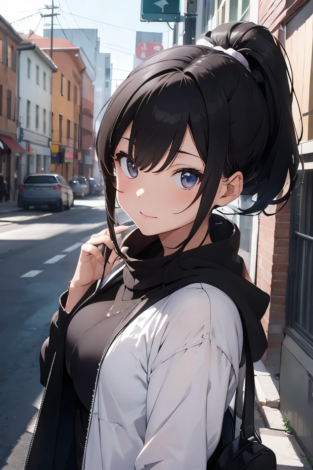 One girl, ponytail, Black Hair, Small breasts, Slender figure,Slanted Eyes, Solemn, Character portrait, Background blur, Anime Style, 