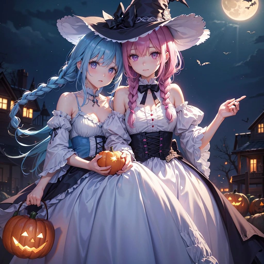 (Light blue medium hair),(Braided hair:1.2)、Pink eyes、Fair skin、cowboy shot、Halloween、The background is a pumpkin ghost、Crescent Moon、Trick or Treat、A lot of sweets、witch、Halloween night、Candy、many bat、Condescending expression、solo、(masterpiece、Highest quality、Very detailed、Best Shadow)、(Detailed Background)、(Beautifully detailed face)、High contrast、(Best lighting、Very delicate and beautiful)、(Cinematic Light)、colorful、Hyper Detail、Dramatic Light、Exquisite detail、