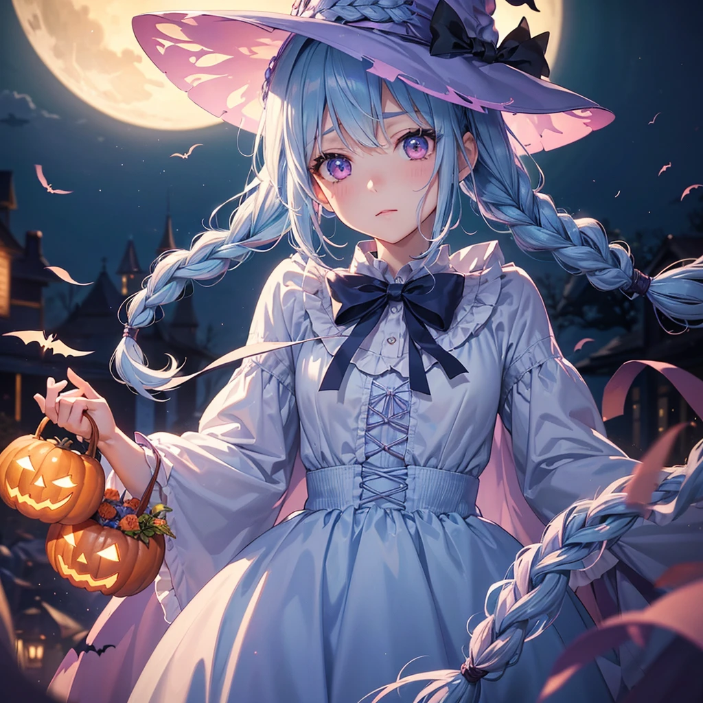 (Light blue medium hair),(Braided hair:1.2)、Pink eyes、Fair skin、cowboy shot、Halloween、The background is a pumpkin ghost、Crescent Moon、Trick or Treat、A lot of sweets、witch、Halloween night、Candy、many bat、Condescending expression、solo、(masterpiece、Highest quality、Very detailed、Best Shadow)、(Detailed Background)、(Beautifully detailed face)、High contrast、(Best lighting、Very delicate and beautiful)、(Cinematic Light)、colorful、Hyper Detail、Dramatic Light、Exquisite detail、
