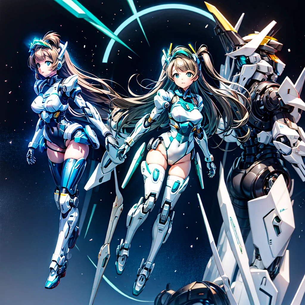 masterpiece, high quality, During the surgery to convert the machine、Minami Kotori, who has been turned into a mechanical body cyborg、Surgery to convert to a gynoid cyborg body with exposed mechanical partechanized genitalia inside the open cover、Blue and white leotard-type mechanical armor、The whole body from the neck down is precision-machined.、Single image、Full-body shot from the front
