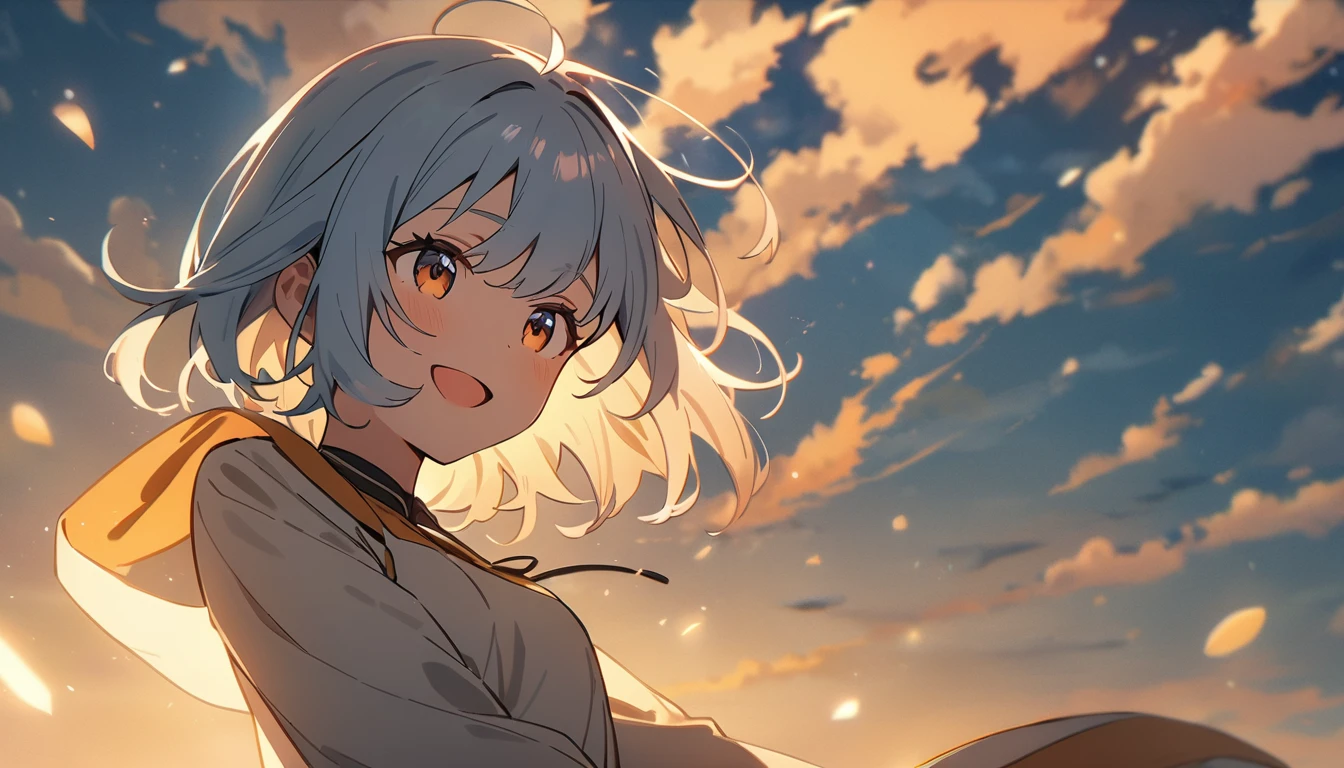 masterpiece, Highest quality, Movie stills, 1 Girl, Cloud Girl , Floating in the sky, close, bright, smile, Warm and soft lighting, Asahi, (spark:0.7)