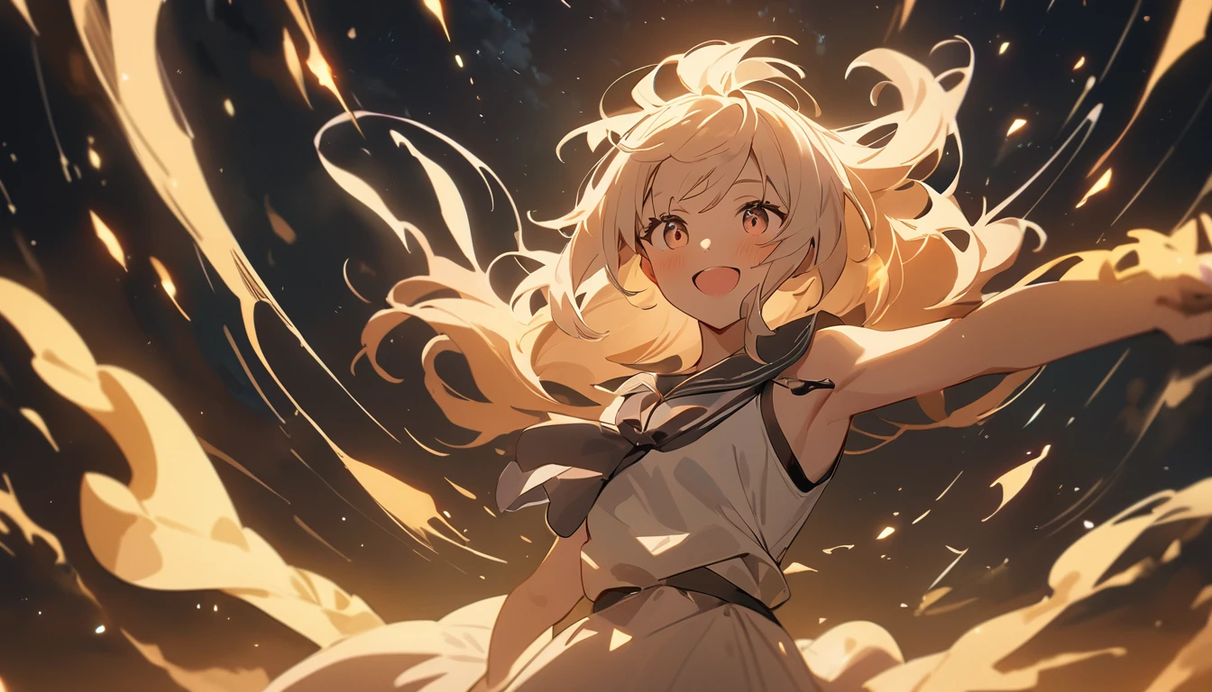 masterpiece, Highest quality, Movie stills, 1 Girl, Cloud Girl , Floating in the sky, close, bright, smile, Warm and soft lighting, Asahi, (spark:0.7)