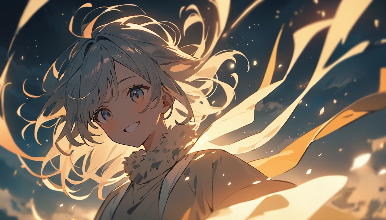 masterpiece, Highest quality, Movie stills, 1 Girl, Cloud Girl , Floating in the sky, close, bright, smile, Warm and soft lighting, Asahi, (spark:0.7)
