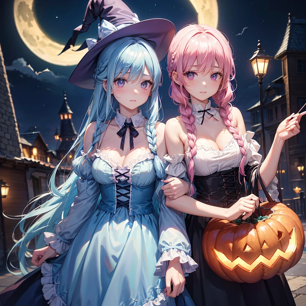 (Light blue medium hair),(Braided hair:1.2)、Pink eyes、Fair skin、cowboy shot、Halloween、The background is a pumpkin ghost、Crescent Moon、Trick or Treat、A lot of sweets、witch、Halloween night、Candy、many bat、Condescending expression、solo、(masterpiece、Highest quality、Very detailed、Best Shadow)、(Detailed Background)、(Beautifully detailed face)、High contrast、(Best lighting、Very delicate and beautiful)、(Cinematic Light)、colorful、Hyper Detail、Dramatic Light、Exquisite detail、