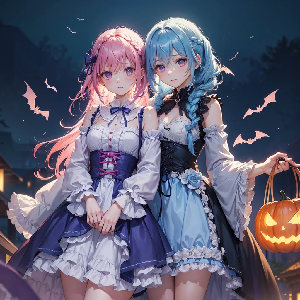 (Light blue medium hair),(Braided hair:1.2)、Pink eyes、Fair skin、cowboy shot、Halloween、The background is a pumpkin ghost、Crescent Moon、Trick or Treat、A lot of sweets、witch、Halloween night、Candy、many bat、Condescending expression、solo、(masterpiece、Highest quality、Very detailed、Best Shadow)、(Detailed Background)、(Beautifully detailed face)、High contrast、(Best lighting、Very delicate and beautiful)、(Cinematic Light)、colorful、Hyper Detail、Dramatic Light、Exquisite detail、