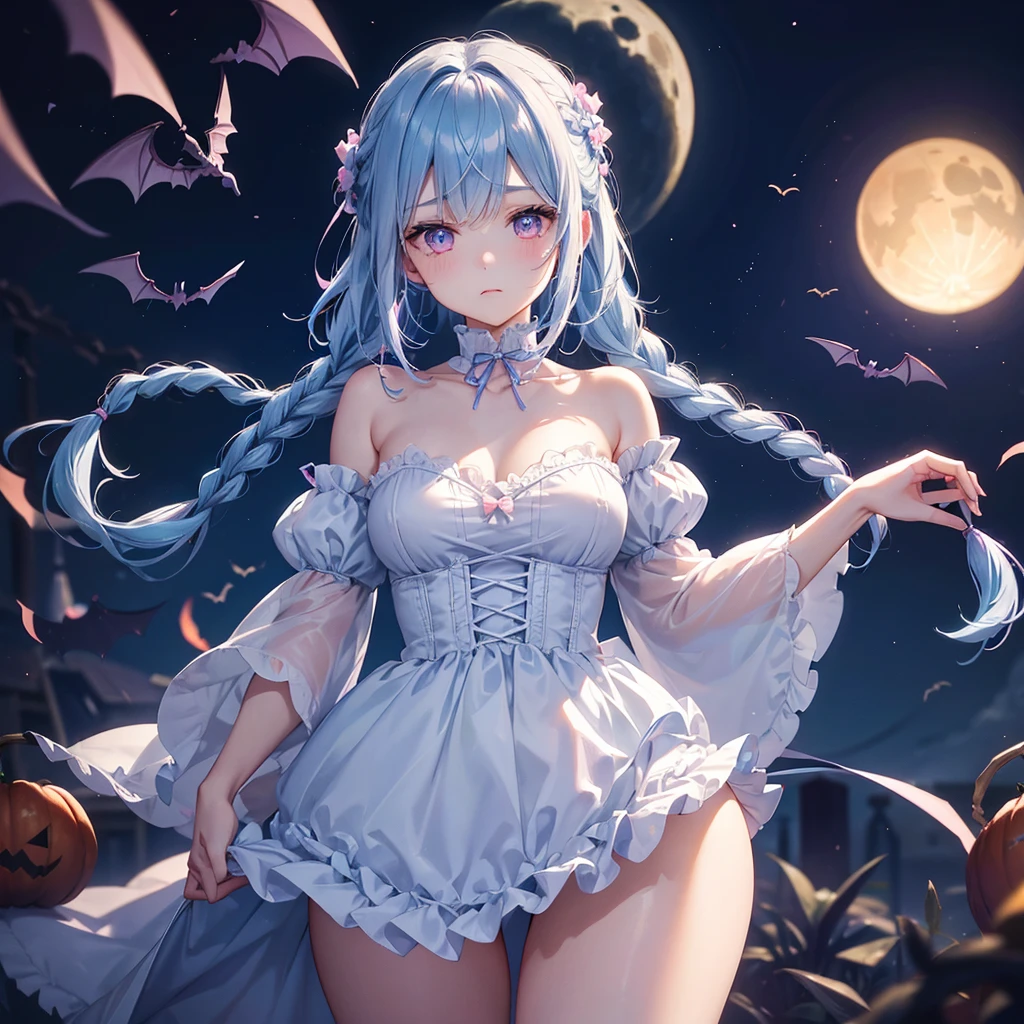 (Light blue medium hair),(Braided hair:1.2)、Pink eyes、Fair skin、cowboy shot、Halloween、The background is a pumpkin ghost、Crescent Moon、Trick or Treat、A lot of sweets、witch、Halloween night、Candy、many bat、Condescending expression、solo、(masterpiece、Highest quality、Very detailed、Best Shadow)、(Detailed Background)、(Beautifully detailed face)、High contrast、(Best lighting、Very delicate and beautiful)、(Cinematic Light)、colorful、Hyper Detail、Dramatic Light、Exquisite detail、