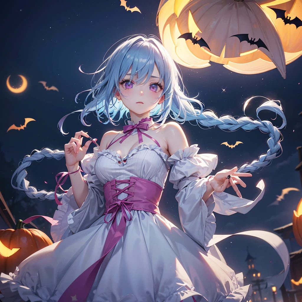 (Light blue medium hair),(Braided hair:1.2)、Pink eyes、Fair skin、cowboy shot、Halloween、The background is a pumpkin ghost、Crescent Moon、Trick or Treat、A lot of sweets、witch、Halloween night、Candy、many bat、Condescending expression、solo、(masterpiece、Highest quality、Very detailed、Best Shadow)、(Detailed Background)、(Beautifully detailed face)、High contrast、(Best lighting、Very delicate and beautiful)、(Cinematic Light)、colorful、Hyper Detail、Dramatic Light、Exquisite detail、