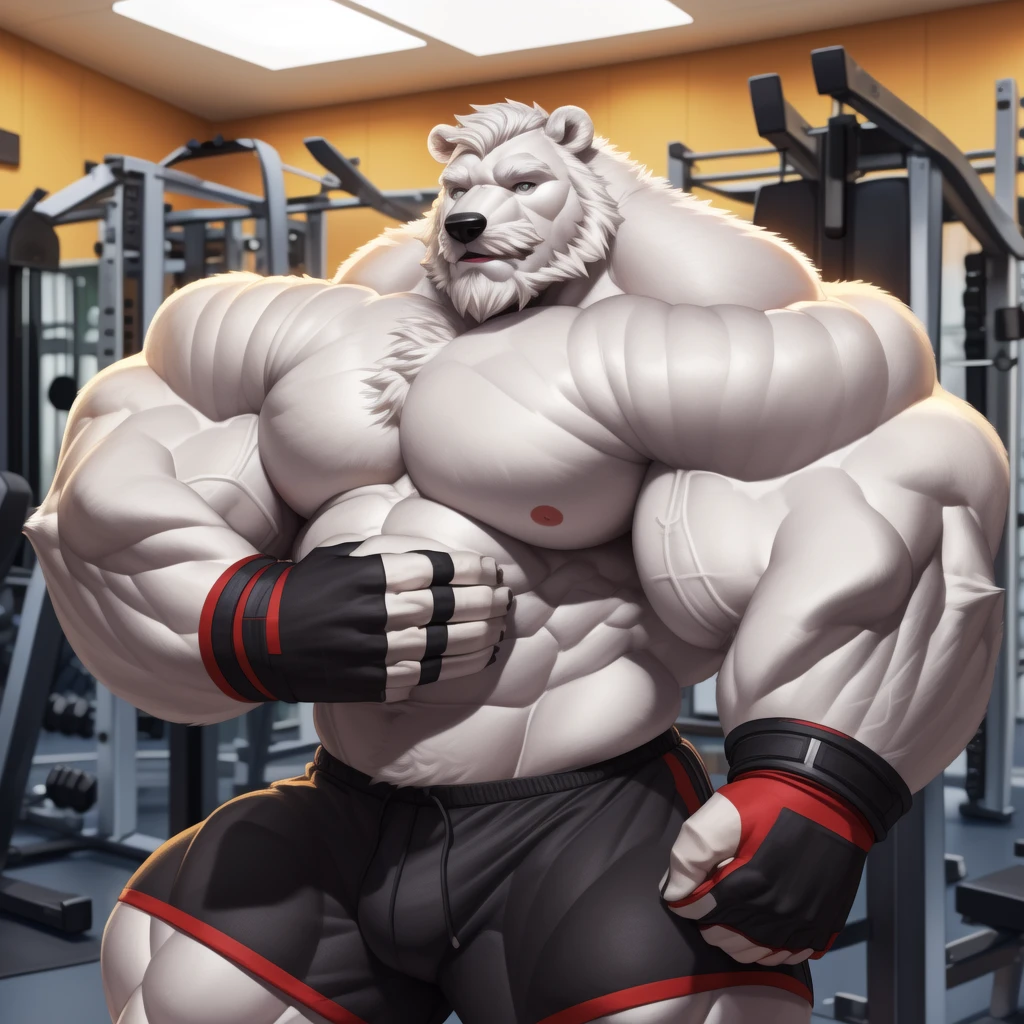 solo, 1boy, Huge Muscular White Polar Bear, huge white fur, pectoral, huge pectoral, wide pectoral, short white hair, ((really big muscle, massive muscular, sixpack, huge fluffy white fur, thick arms, wide pectoral, super huge muscle, hyper muscular, over sized muscle, huge arms, big arms, huge pectoral)), black gym shorts, black wristbands, fingerless  gloves and shirtless and topless, white bearded, white Mustache, white fur, grey eyebrows, gym fitness center background, masterpiece, high detailed, 8k, high resolution, at the gym, flexes huge thorax, looking at the viewer, acting all hunk