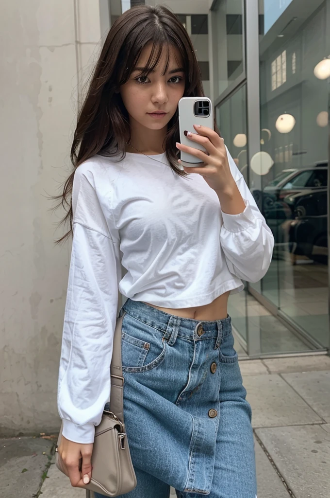 selfie realistic girl who hide her face with her iphone15 color white