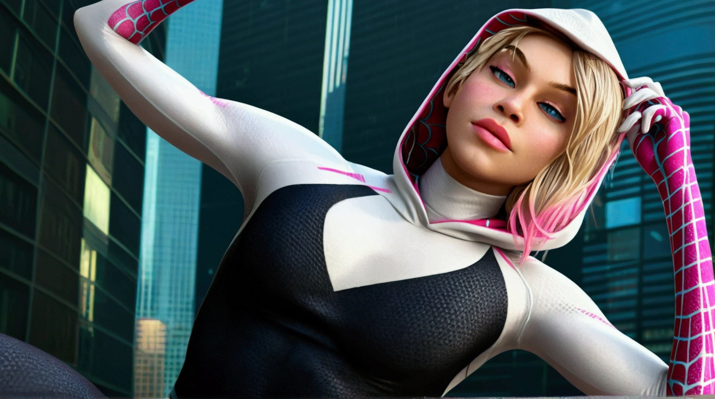 A realistic, spider-gwen, gwen stacy, hyperrealistic Spidergwen with athletic muscle, textured saturated white and black and pink trage, (best quality,4k,8k,highres,masterpiece:1.2),ultra-detailed,(realistic,photorealistic,photo-realistic:1.37),professional,vivid colors,bokeh, well defined cameltoe, camel toe, large puffy vulva, camera angle looking up, showing pussy, genitalia visible, nipples poking from beneath