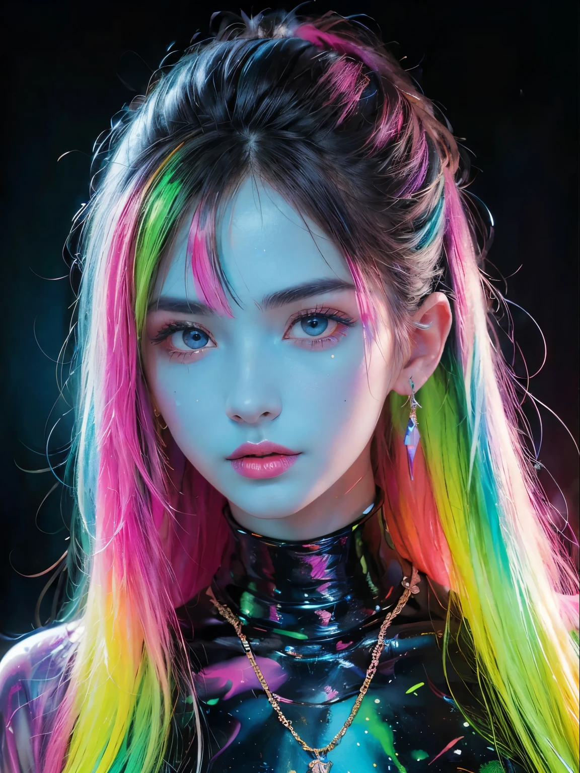 glow in the dark ，bioluminescent color glow , paint splatter，Attractive psychedelic surreal neon amazing universe bright colorful neon lightwork beautiful and gorgeous woman wearing raiden、Daniel Merriam、Frank Prazzetta(Frank Frazeta)and Boris Vallejo(Boris Vallejo's) Bright neon colors in style, 、stylish outfit，sandal，ultra realistic realism, hallucinosis,  abundant, beautiful, down to the last detail, intricate details, Ultra-detailed, oil painting, complex colors,