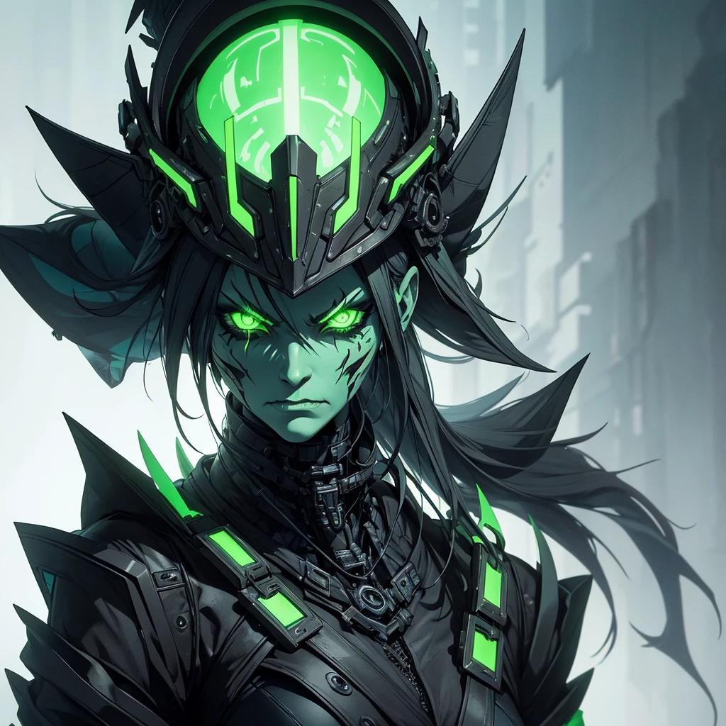Make a witch from an alien race with necrotic green skin, ugly and with a look of will and anger. she must have black and futuristic clothes. cyberpunk style. ugly, angry, realistic and detailed face. She must be old, with expression marks