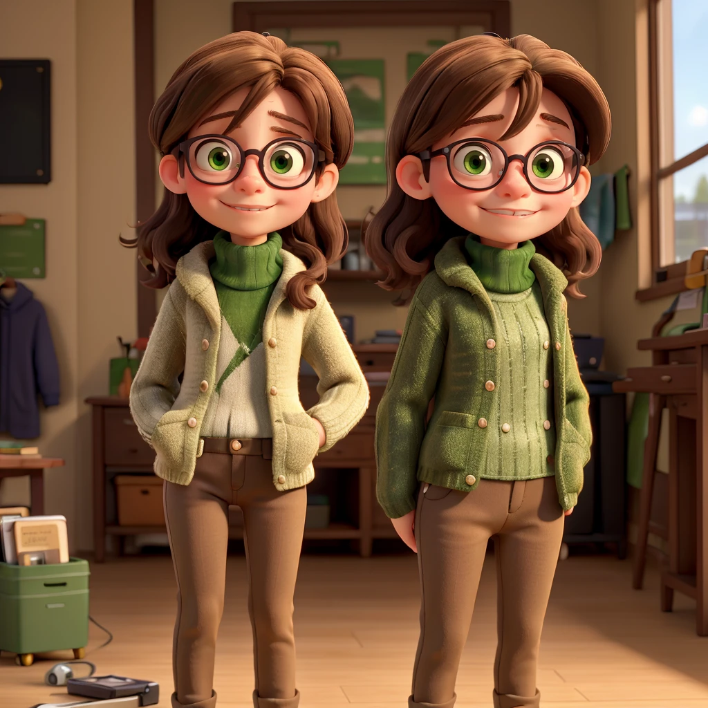 A girl of short stature, with long brown hair, green eyes, Wearing glasses, wearing a green turtleneck sweater, holding a cassette tape
