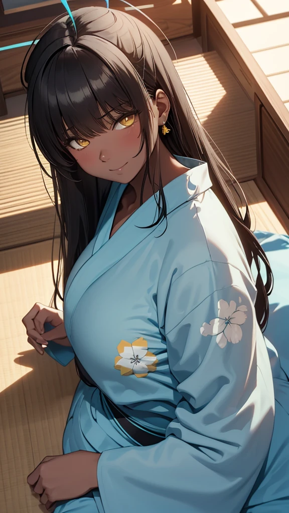 Masterpiece, best quality, long black hair, halo, bangs, yellow eyes, (( light blue yukata )), big tits, from above, clevage, little smile, blushing, earring, looking at viewer, lying down, soft lighting 