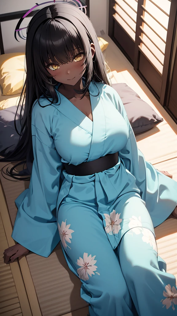Masterpiece, best quality, long black hair, halo, bangs, yellow eyes, (( light blue yukata )), big tits, from above, clevage, little smile, blushing, earring, looking at viewer, lying down, soft lighting
