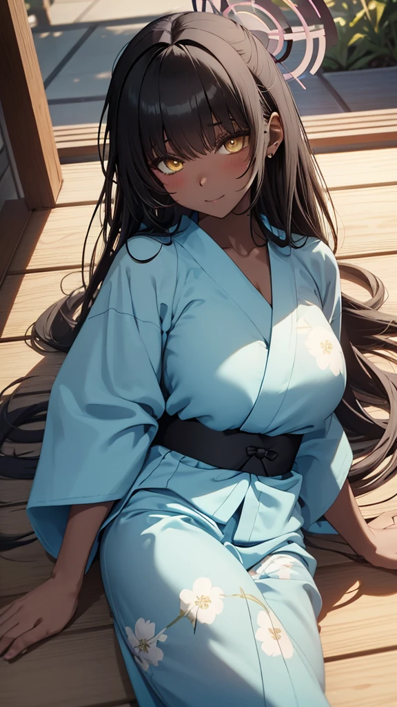 Masterpiece, best quality, long black hair, halo, bangs, yellow eyes, (( light blue yukata )), big tits, from above, clevage, little smile, blushing, earring, looking at viewer, lying down, soft lighting 