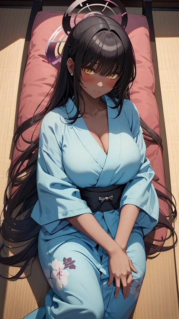 Masterpiece, best quality, long black hair, halo, bangs, yellow eyes, (( light blue yukata )), big tits, from above, clevage, little smile, blushing, earring, looking at viewer, lying down, soft lighting 