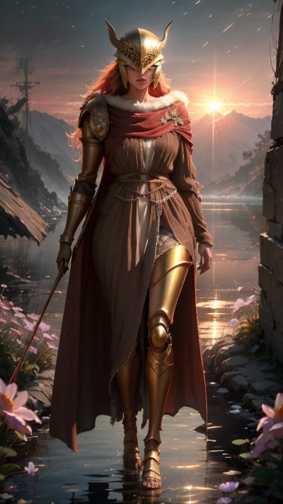 High Quality, Masterpiece, beautiful, Malenia, prothestic leg, single mechanical arm, prosthesis, armor, cape, helmet, brown silk dress, full body, wide shot, flower, water, solo, sunset, stylebuff, night, (dark environment), brown thorn-woven dress, valley of withered flowers, ancient sculptures around it