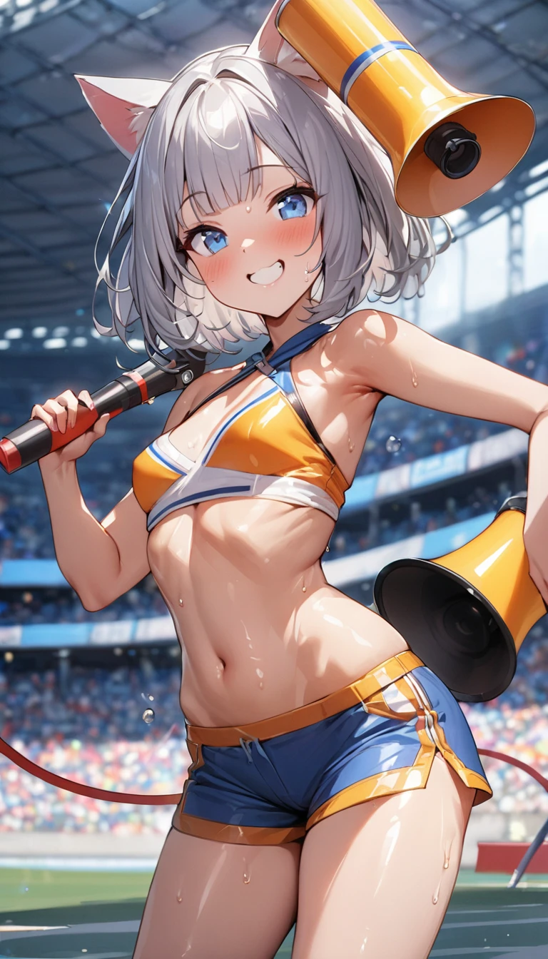 1girl, blue hair, very short hair, yellow eyes, large breasts, thick thighs, thighhighs, cheerleder outfit, cheeleader, skirt, miniskirt, blue cheeleader outfit, smile