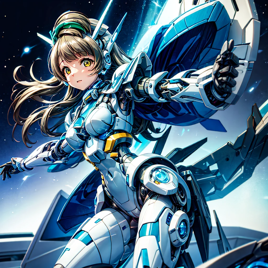 masterpiece, high quality, During the surgery to convert the machine、Minami Kotori, who has been turned into a mechanical body cyborg、Surgery to convert to a gynoid cyborg body with exposed mechanical parts、Blue and white leotard-type mechanical armor、The whole body from the neck down is precision-machined.、Single image、Full-body shot from the front