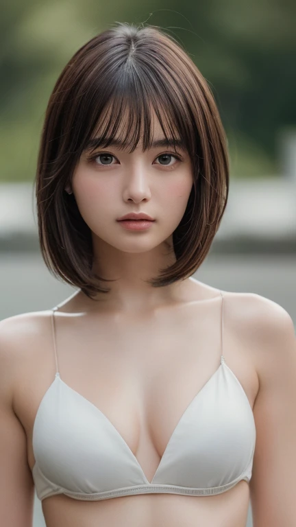 (Highest quality:1.4),(masterpiece:1.4),(Realistic:1.4),(Realistic:1.2),(超High resolution, RAW Photos:1.4),(High resolution, Very detailed:1.2),(8k:1.2),photograph,Brown Hair、One Girl,alone,((Upper Body:1.3))、topless、bob cut、forehead