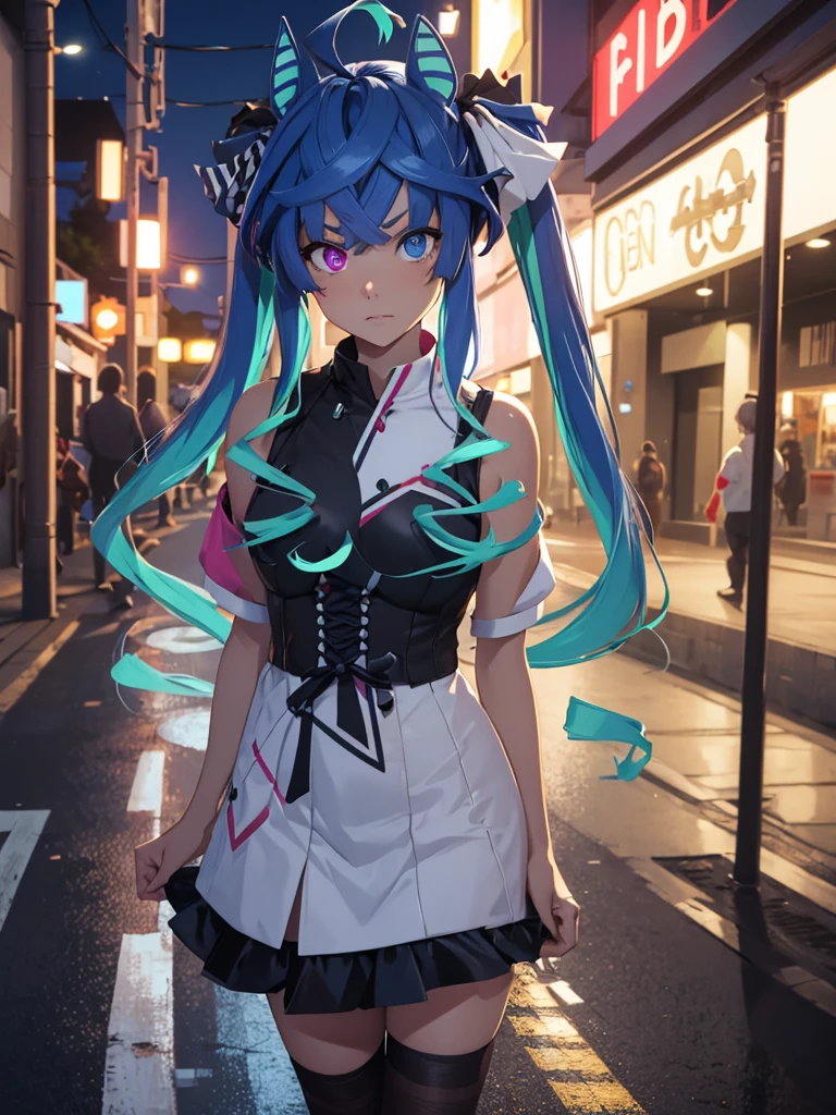 (Masterpiece, best quality, high res、highly detailed cg: 1), A very aggressive streetwalker with vulgar and unrefined manners and attire, forcefully soliciting a man. The man is a faceless background character. The scene is set on a quiet, sparsely populated street at night, with the streetwalker as the main focus. Twin_Turbo_Umamusume, aqua hair, twintails, heterochromia, purple eyes, blue eyes, sharp teeth,hores tails, nsfw, bitch, Seduction, Slutty face