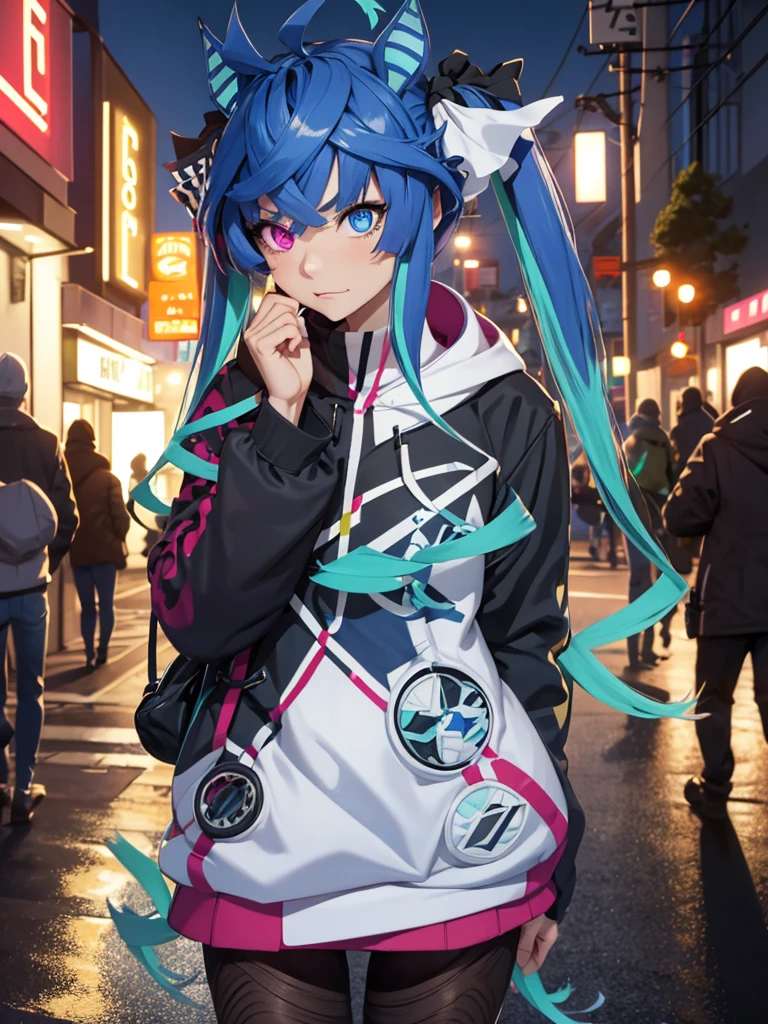 (masterpiece、top-quality、hight resolution、Unity 8k、extremely details CG:1,Best Picture), Twin_Turbo_Umamusume, aqua hair, twintails, heterochromia, purple eyes, blue eyes, sharp teeth, horse's ear, multicolored hoodie, black leggings, "A porn star standing outside, pointing towards a motel with a playful yet suggestive expression. She is dressed in casual yet revealing attire, emphasizing her confident and flirtatious demeanor. The background features the motel's neon sign, and the scene is set during the evening, with the star's posture and gesture inviting the viewer's attention towards the motel."