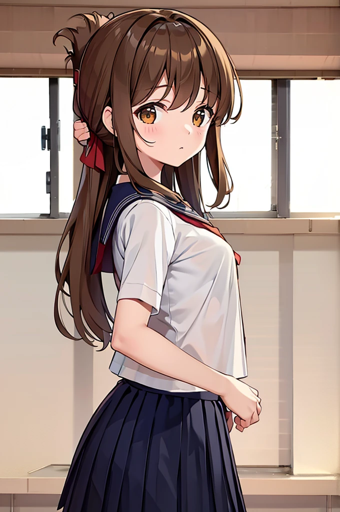(masterpiece, best quality:1.2),illustration,8k,hd,1girl,solo,upper body,(portrait:1.2),brown_hair,folded_ponytail,brown_eyes,serafuku,long_hair,school_uniform,skirt,pleated_skirt,