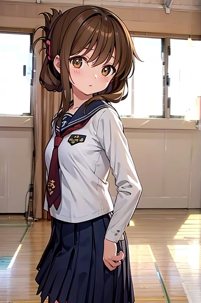 (masterpiece, best quality:1.2),illustration,8k,hd,1girl,solo,upper body,(portrait:1.2),brown_hair,folded_ponytail,brown_eyes,serafuku,long_hair,school_uniform,skirt,pleated_skirt,