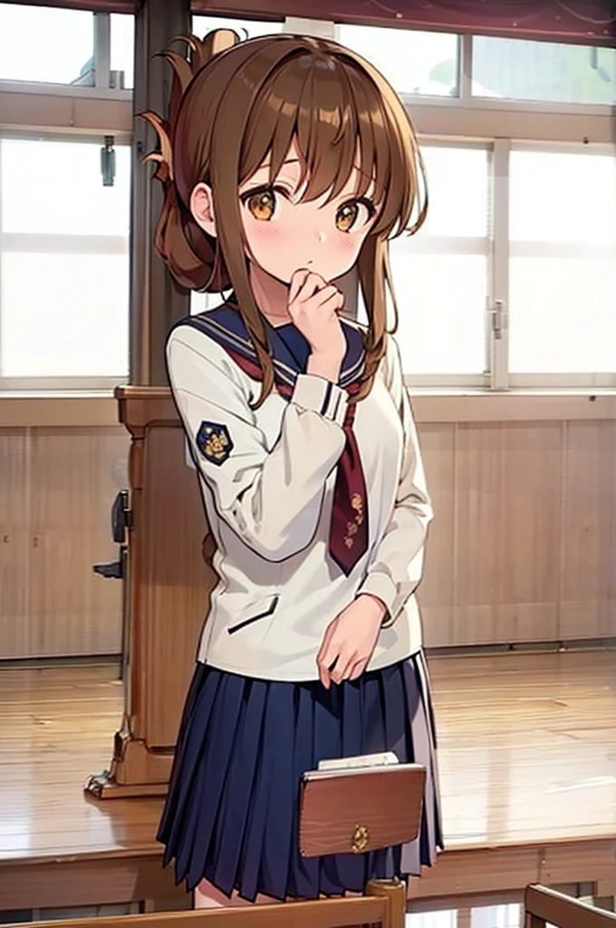 (masterpiece, best quality:1.2),illustration,8k,hd,1girl,solo,upper body,(portrait:1.2),brown_hair,folded_ponytail,brown_eyes,serafuku,long_hair,school_uniform,skirt,pleated_skirt,